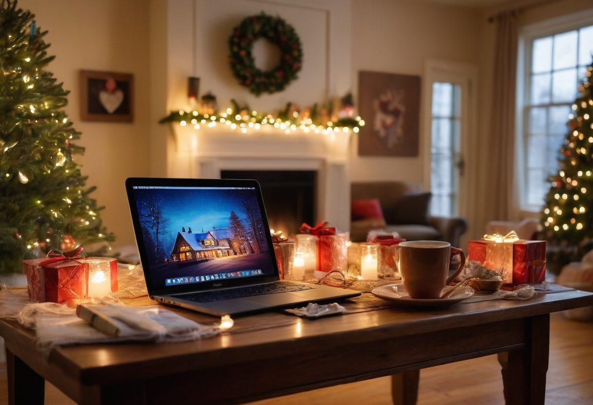 A cozy scene featuring a warm, inviting living room filled with beautifully wrapped gifts that hint at digital shopping, fanned open laptops displaying festive online stores, and cheerful holiday decor. Include a cup of hot cocoa on a table, twinkling fairy lights, and a budget-friendly gift list partially visible on the side. Create an ambiance of joy and love in gift-giving. super-realistic. vibrant colors. cozy atmosphere.
