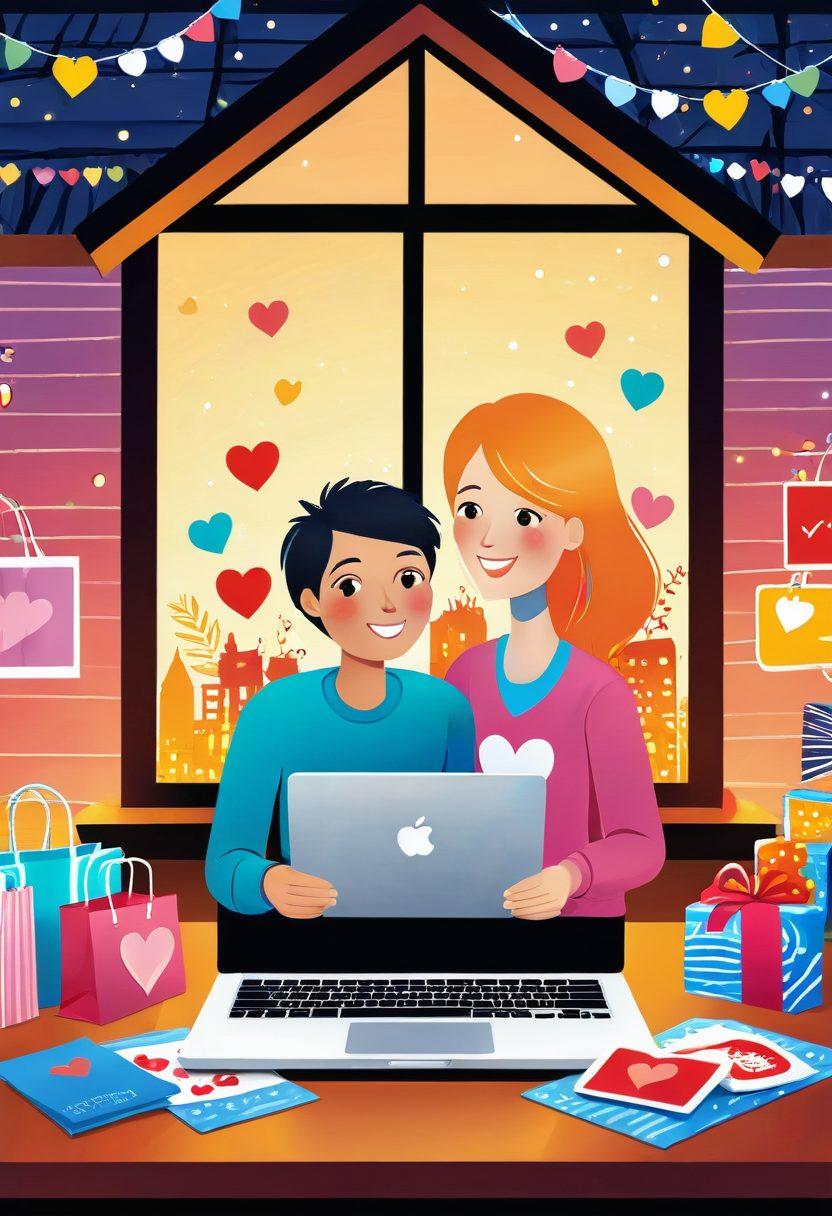 A whimsical illustration of two lovebirds joyfully shopping online together, surrounded by heart-shaped icons, discount tags, and vibrant shopping bags filled with colorful items. The background features a cozy home setting with fairy lights and a laptop displaying romantic products, symbolizing budget-friendly shopping for couples. The scene conveys warmth, love, and excitement in the world of online shopping. vector art. vibrant colors. cozy atmosphere.